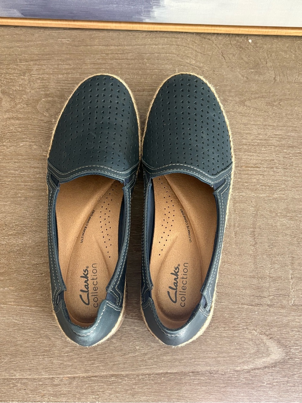 Clarks Navy Perforated Slip-On Flats with Espadrille Trim NWOT